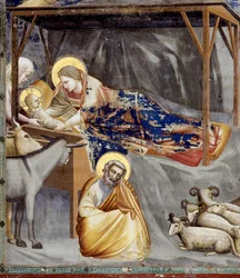 De Geboorte, detail van de Maagd en het Kind, de ezel en Jozef (detail)