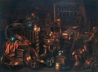 Laboratorium van de alchemist, schilderij door Gian Domenico Valentino (1630-1708), Italië