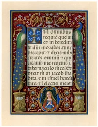 Tekstpagina met de Maagd en twee pauwen, ca. 1490