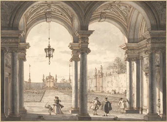 Uitzicht door een barokke zuilengang in een tuin, 1760-1768