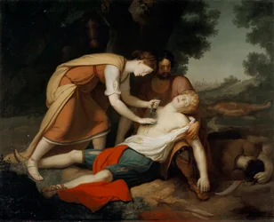 Erminia en Vafrino ontdekken de gewonde Tancrede (lied 19 uit Jeruzalem Bevrijd door Torquato Tasso)
