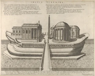 Uitzicht op het Tiber-eiland voorgesteld als een schip, de Tempel van Aesculapius links