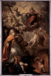 Voorstelling van Sint Nicolaas van Bari en de heilige drie-eenheid God, Jezus Christus en de duif van de Heilige Geest. Schilderij door Andrea Carlone (1639-1697)