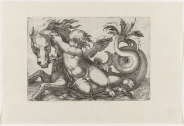 Putto rijdend op zeepaard