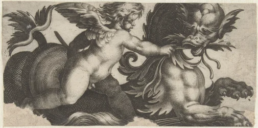 Putto voert een zeemonster een blad
