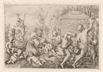 Bacchanaal met altaar, faun en Silenus