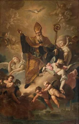 Zuidtransept, Altaar van San Benedetto, Sint Benedictus in Gloria terwijl hij de stad zegent, Altaarstuk door Giovanni Angelo Borroni, San Benedetto in Gloria terwijl hij de stad zegent 1744