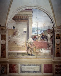 Benedictus verschijnt aan twee monniken en presenteert hen het project van een klooster (fresco)