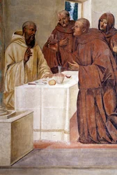 Benedictus breekt een glas vergiftigde wijn door het teken van het kruis te maken (detail) fresco van de kloostergang gemaakt door Giovan Antonio Bazzi di Sodoma (1477-1549) die het leven van Sint Benedictus van Nursia (480 - 567) stichter van de Orde van 