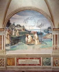 Benedictus laat een sikkel in het meer vallen (fresco)