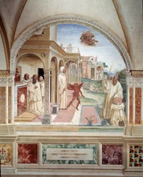 Benedictus bevrijdt een monnik bezeten door een demon (fresco)
