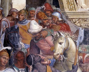 Hoe Benedictus de twee jonge Romeinen Maurus en Placid ontmoet (detail) fresco van de kloostergang gemaakt door Antonio Bazzi genaamd il Sodoma (1477 - 1549) die het leven van Sint Benedictus van Nursia (480 - 567) stichter van de Orde van Benedictijnen ve