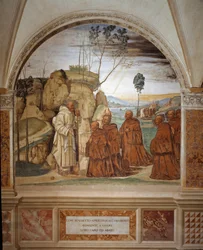 Hoe Benedictus antwoordt op het gebed van de kluizenaars en hun leider wordt (fresco)
