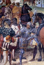 Hoe Benedictus de vernietiging van Monte Cassino voorspelt (detail) fresco van de kloostergang gemaakt door Antonio Bazzi genaamd il Sodoma (1477 - 1549) die het leven van Sint Benedictus van Nursia (480 - 567) stichter van de Orde van Benedictijnen vertel