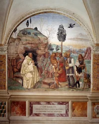 Hoe Benedictus de heilige leer aan de boeren onderwijst die hem bezoeken (fresco)