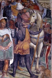 Hoe Benedictus de twee jonge Romeinen Maurus en Placidus ontmoet. Detail van het gevolg van jonge mannen - fresco in het klooster van Antonio Bazzi, genaamd Il Sodoma (1477-1549), dat het leven van de heilige Benedictus vertelt