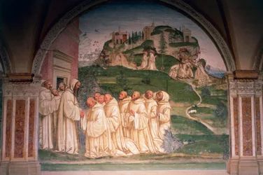 Sint Benedictus gesmeekt door monniken, water producerend van de top van de berg, scène uit Verhalen van Sint Benedictus van Monte Oliveto Maggiore