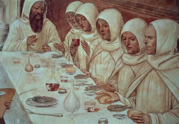 St. Benedictus die voldoende meel heeft verkregen en de monniken voedt (detail)