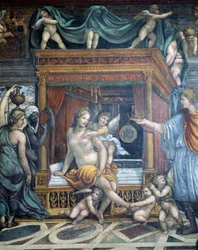 De Sala delle Nozze di Alessandro e Rossana detail van Roxanne in haar slaapkamer die een kroon krijgt van Alexander (detail)