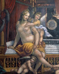 De Sala delle Nozze di Alessandro e Rossana detail van Roxanne zittend op haar bed (detail)