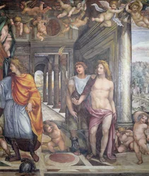 De Sala delle Nozze di Alessandro e Rossana detail van Alexander en twee mannelijke bedienden met putti boven (detail)