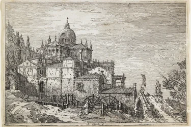 Landschap met een Kerk, Huizen en een Molen