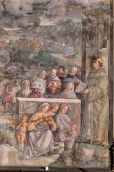 St. Antonius arriveert in Padua, waar hij vrede herstelt tussen de burgers met de kracht en zoetheid van zijn prediking, School van de Heilige (detail)