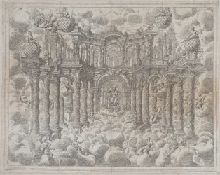 Plaat 2 [tegenproef]: Toneelset met allegorische figuren zittend tussen de wolken