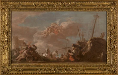 Schets voor het plafond van de Banque Royale: Le Déchargement en bord de Seine de marchandises en provenance de la Louisiane, 1720