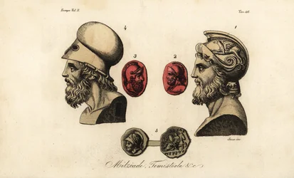 Bustes en edelstenen van Atheense politici Miltiades de Jongere 1,2, Themistocles 3,4, en Koning Pyrrhus I 5