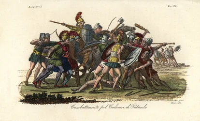Grieken en Trojanen vechten om het naakte lijk van Patroclus buiten Troje