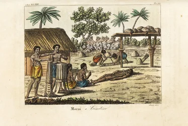 Menselijke offerande in een heilige marae (Morai) of begraafplaats, Tahiti