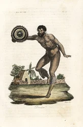 Naakte getatoeëerde man van Hawaï (Sandwich-eilanden) die danst voor kapitein James Cook