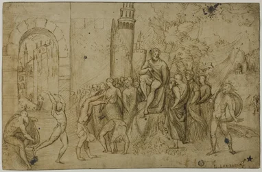 Acrobaten voor een liniaal (recto); Buitenopname met groep figuren (verso)