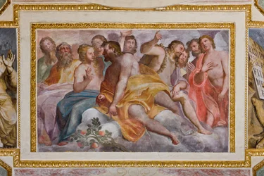 Genua, Duomo (Sint-Laurenskathedraal), binnen, De Lercari-kapel of De Kapel van het Heilig Sacrament (Noordelijke apsis), gewelf: "De Rechtvaardigen van het Oude Testament", fresco door Giovanni Battista Castello bekend als Bergamasco
