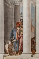 Palazzina, de ingangshal: "De Griekse vloot in Aulis", detail van een hond en een soldaat