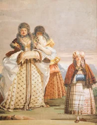 Winterwandeling, door Giambattista Tiepolo, detail, De Gotische Kamer, Gastverblijven van Villa Valmarana ai Nani, Vicenza, Italië