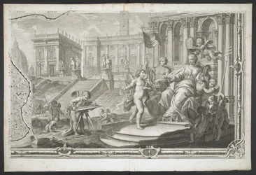 Een vrouwelijke figuur die wordt gekroond, uit Nuova Pianta di Roma, data in luce de G. Nolli