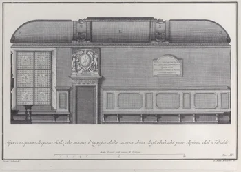 Plaat 4: dwarsdoorsnede van de hal van het Instituut van Bologna, met de ingang naar de r..., 1756