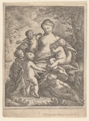 Liefdadigheid, zittend in een landschap omringd door vijf naakte kinderen, 1692-1727