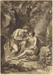 Angelica en Medoro (pen en zwarte inkt met bruin en grijs gewassen over grafiet op geschept papier; verso, ontwerp van vier concentrische cirkels rond lauwerkrans getekend op verso in pen en zwarte inkt en grafiet)