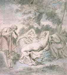 Cimon en Iphigenia: met twee vrouwelijke bedienden in een landschap
