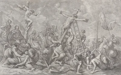 De Kruisiging, met het Neerlaten van het Kruis in het Midden, Soldaten Overal, en een Die..., 1762