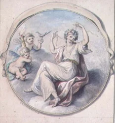 Venus bindt haar haar met een krans, bijgestaan door Cupido