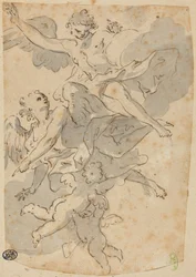 Engelen en Putti (pen en bruine inkt met grijs gewassen over houtskool; neergelegd)