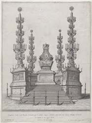 Catafalque voor Paus Clemens X, centrale structuur bovenaan een vijftien treden platform, 1676