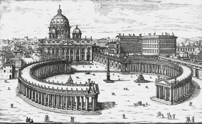 Vaticaanstad, Uitzicht op Piazza San Pietro met de Sint-Pietersbasiliek en de Vaticaanse paleizen, gravure door Giovanni Battista Falda. 1665