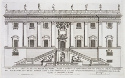 Gezicht op de gevel van Palazzo Senatorio op Piazza del Campidoglio, Rome, begonnen door Michelangelo Buonarroti en voltooid door Girolamo Rainaldi