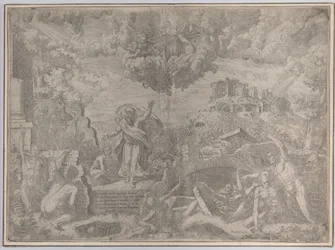 Het visioen van Ezechiël, met de doden die opstaan en hun vlees aantrekken, God de Vader erboven, 1579