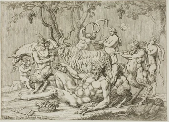 Silenus liggend met geiten en saters